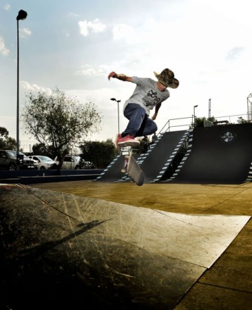 Skateboarder Jeandre Bester styling at the Skate Park