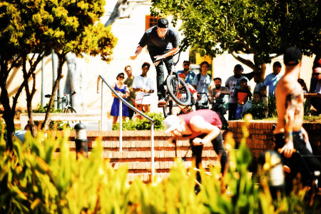 BMX trains over the rail at the Seapoint Library
