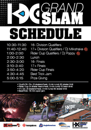 Schedule for the KDC Grand Slam Skateboarding event in Durban