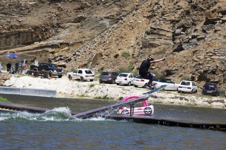 Sean Bacon showing his skills on his new Liquid Force Wakeskate