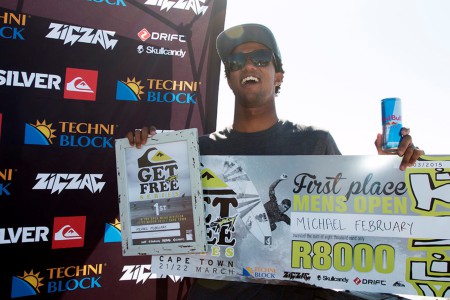 Michael February claiming the victory at the Quiksilver Get Free Cape Town event