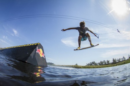 Matti Buys wakeskating his way to victory at the Puppet Masters event