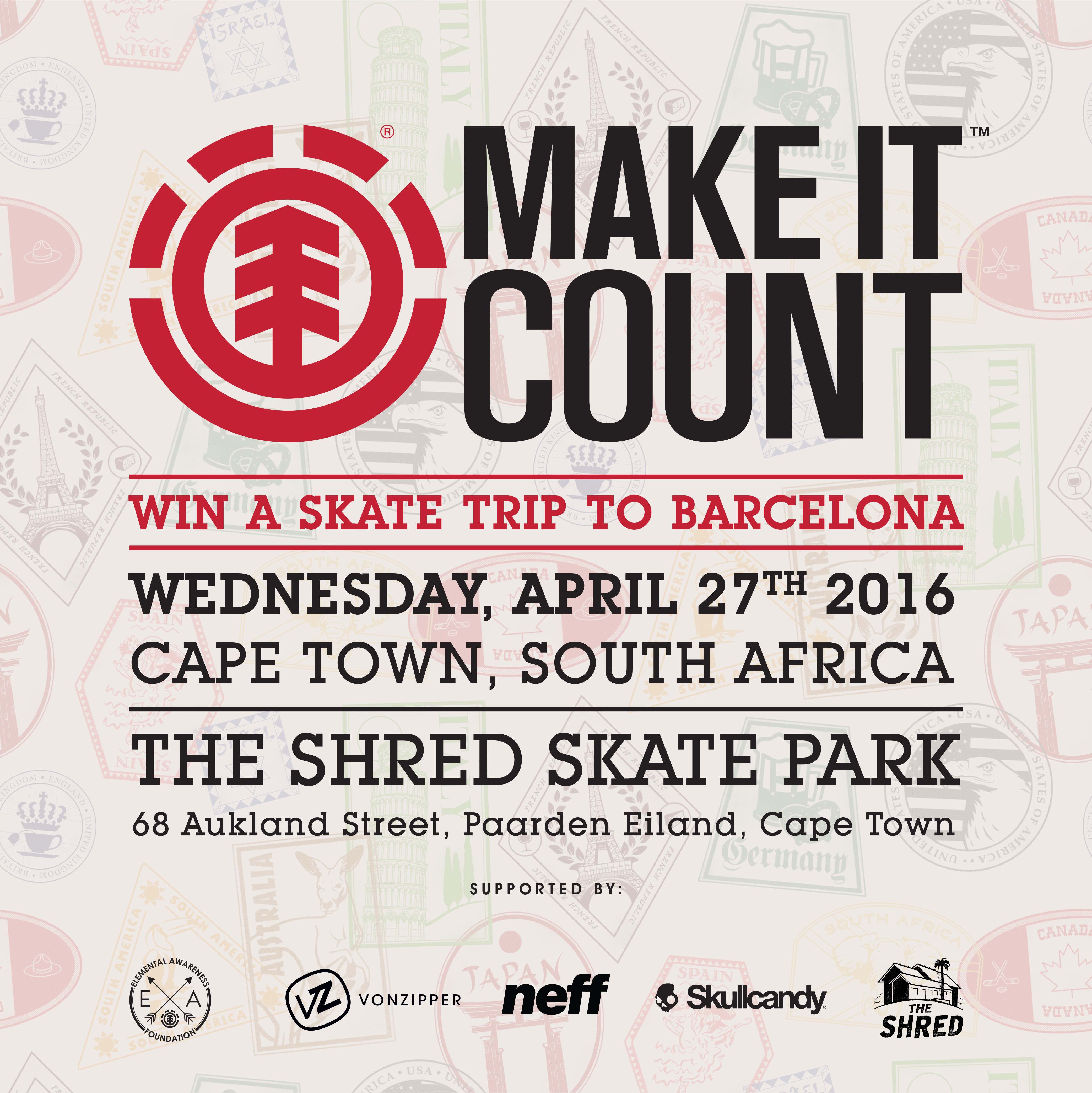 The Element Make It Count is a series of amateur skateboarding events throughout the world, seeking new talent.