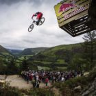 Gee Atherton racing the Red Bull Hardline Downhill MTB course