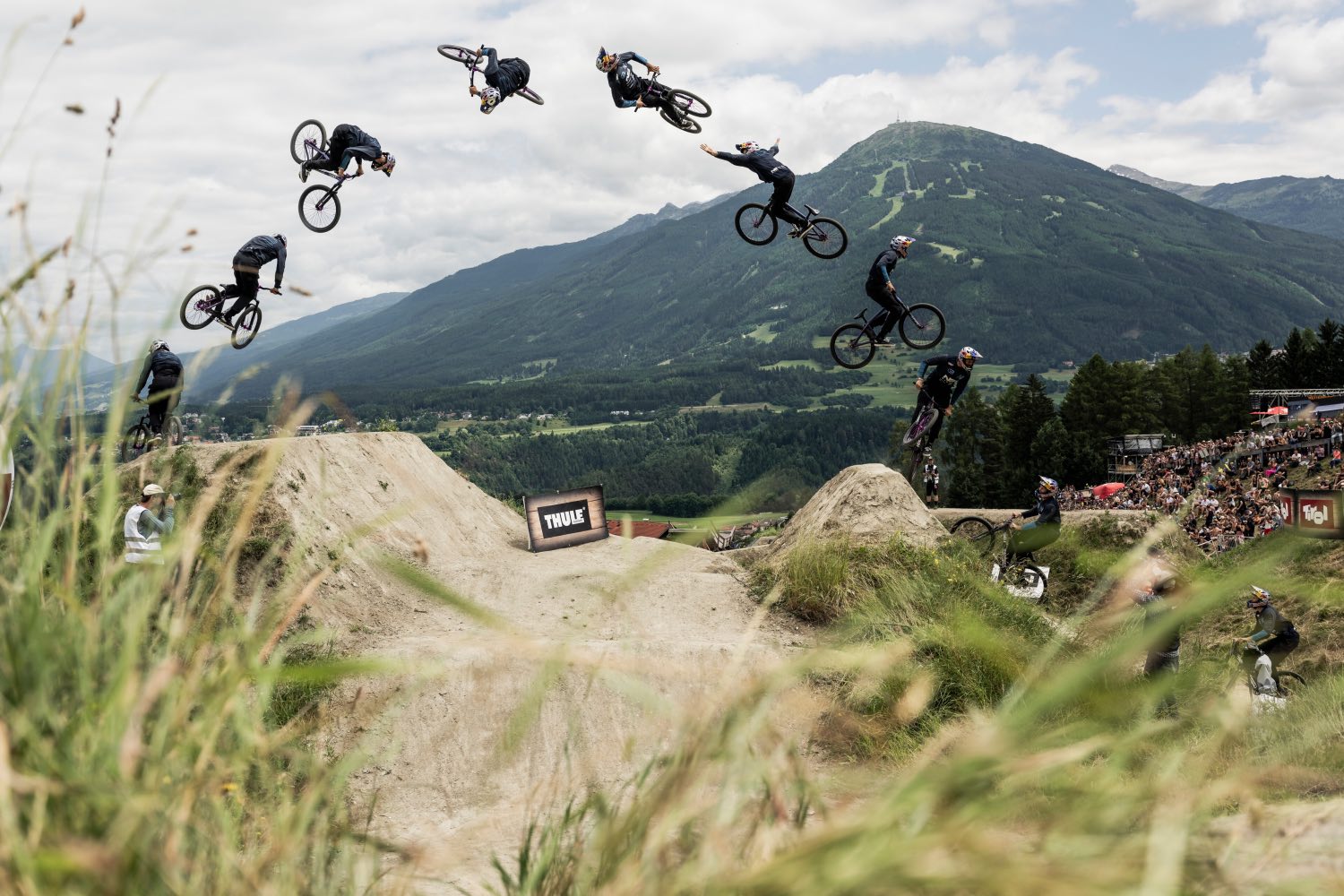 Dawid Godziek competing at stop 3 of the 2023 Crankworx Slopestyle MTB World Tour.