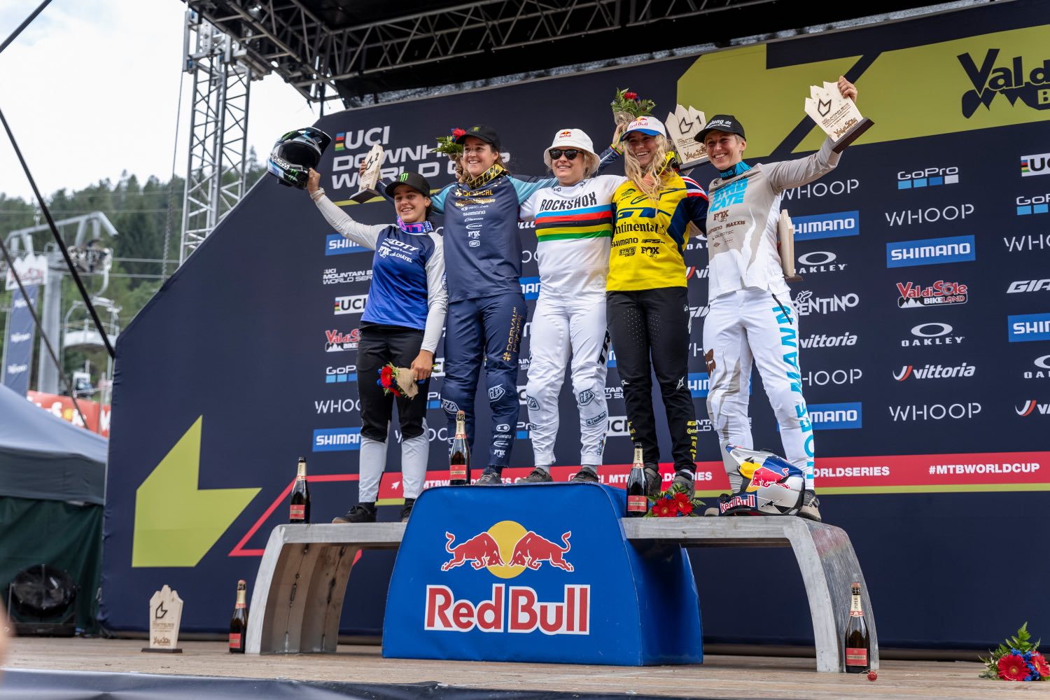 Elite Women's podium at Round 3 of the 2023 UCI Downhill MTB World Cup in Val di Sole, Italy.