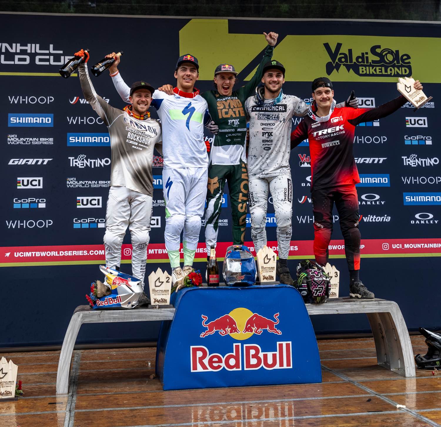 Elite Men's podium at Round 3 of the 2023 UCI Downhill MTB World Cup in Val di Sole, Italy.