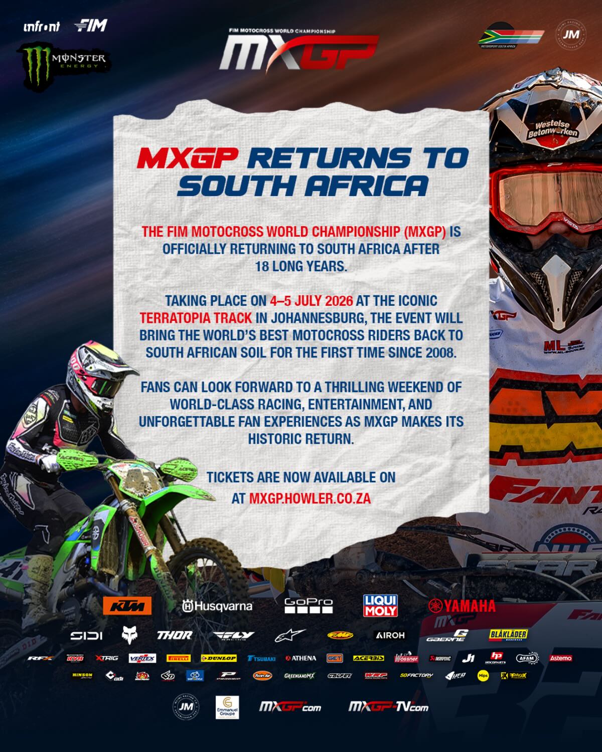 The FIM Motocross World Championship is officially returning to South Africa after 18 long year - MXGP of South Africa. Taking place on 4-5 July 2026 at the iconic Terra Topia Motocross Track in Johannesburg